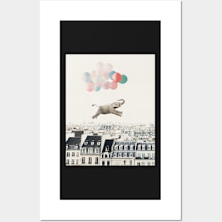 Flying elephant in Paris with colorful balloons Posters and Art